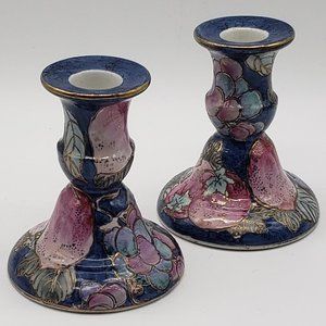 Toyo Chinoiserie Porcelain Hand Painted Lilac Blue Gold Fruit Candle Holders